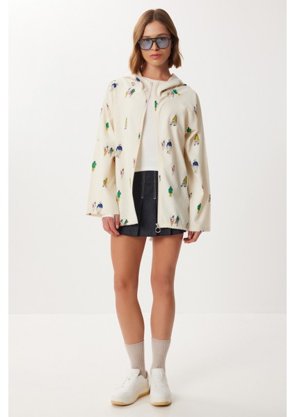 Baskılı Mevsimlik Ham Keten Ceket LSA0001 Krem Yeşil modelleri