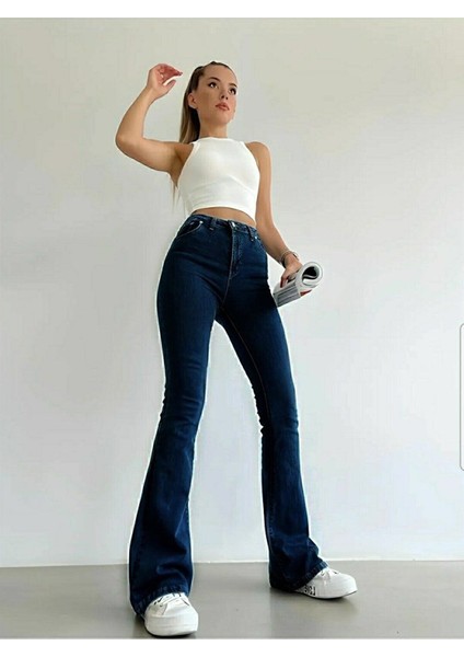 jean Kadın Flora Ispanyol Lacivert Kot Yüksek Bel Likralı Ekstra Esnek