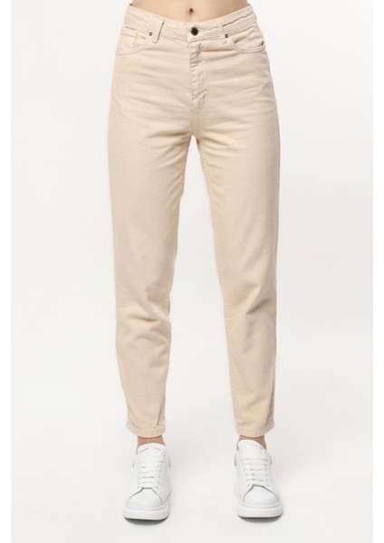 Yüksek Bel Likralı Ekru Mam Jean Esnek Kot Pant.