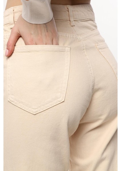 Yüksek Bel Likralı Ekru Mam Jean Esnek Kot Pant. modelleri