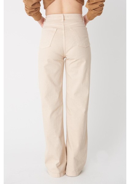 Azur Bej Yüksek Bel Salaş Palazzo Geniş Paça Likralı Kot Pant. Jean fiyatları
