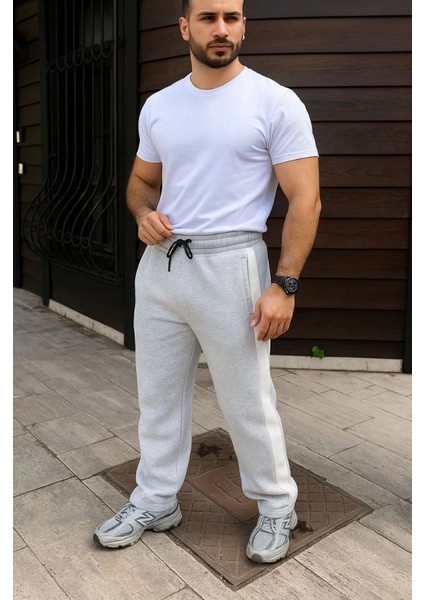 Erkek Üç Iplik Kışlık Pamuklu Yandan Garneli Kalın Bej Şeritli Cepli Eşofman Altı - Gri