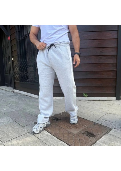 Erkek Üç Iplik Kışlık Pamuklu Yandan Garneli Kalın Bej Şeritli Cepli Eşofman Altı - Gri fırsatları