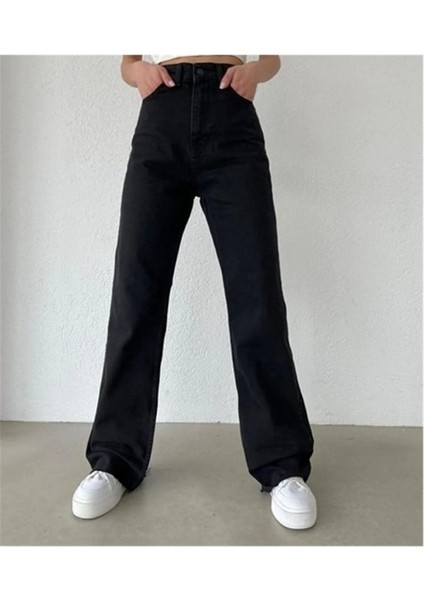 Palazzo Salaş Yüksek Bel Bol Paça Denim Pant. Solmayan Siyah