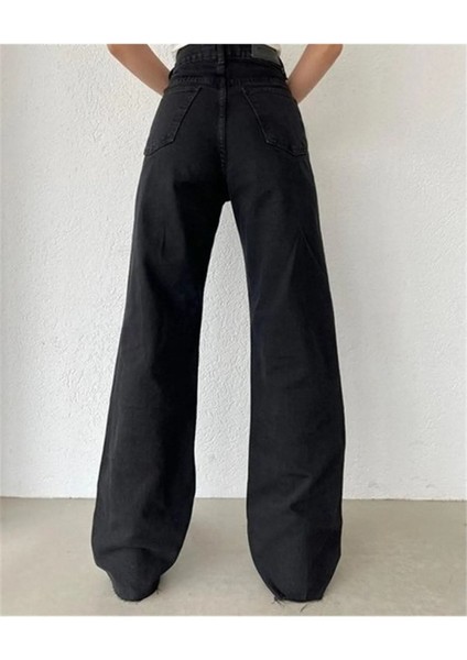 Palazzo Salaş Yüksek Bel Bol Paça Denim Pant. Solmayan Siyah fiyatları