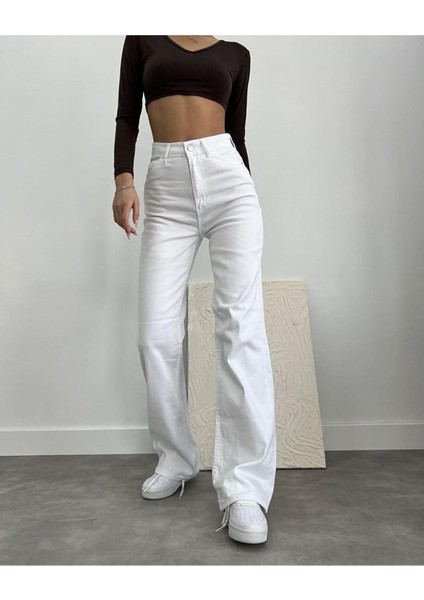 Plazzon Aide Beyaz Likrasız Süper Yüksek Bel Salaş Jean Pant. Bol Paça Palazzo(Tam Kalıptır)