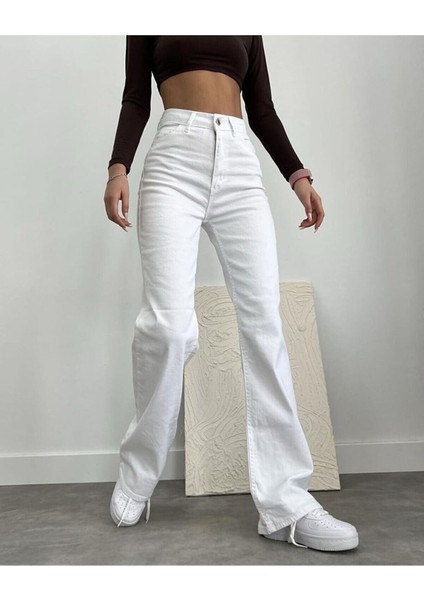 Plazzon Aide Beyaz Likrasız Süper Yüksek Bel Salaş Jean Pant. Bol Paça Palazzo(Tam Kalıptır) fiyatları