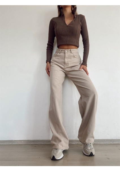 Millenio Paris Salaş Likralı Wide Leg Ekstra Yüksek Bel Jean Palazzo Kot Pant. Bej