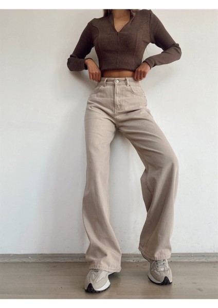 Millenio Paris Salaş Likralı Wide Leg Ekstra Yüksek Bel Jean Palazzo Kot Pant. Bej fiyatları