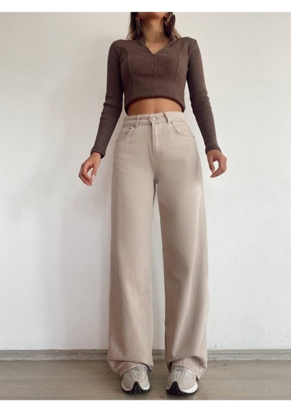 Millenio Paris Salaş Likralı Wide Leg Ekstra Yüksek Bel Jean Palazzo Kot Pant. Bej modelleri