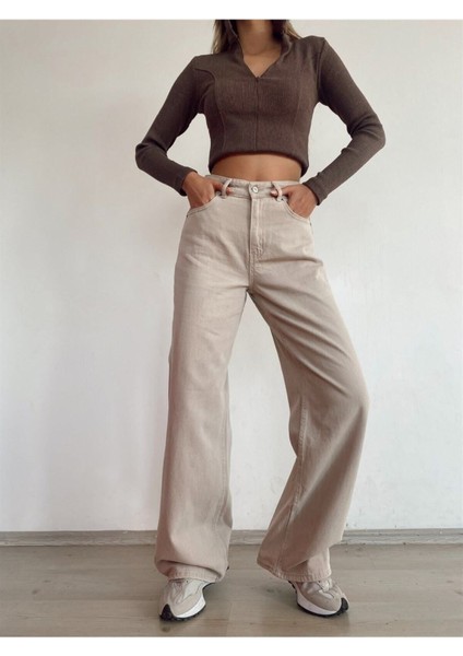 Millenio Paris Salaş Likralı Wide Leg Ekstra Yüksek Bel Jean Palazzo Kot Pant. Bej fırsatları