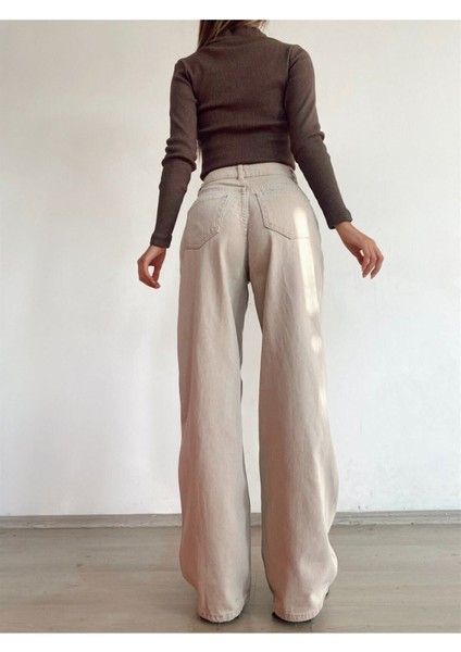 Millenio Paris Salaş Likralı Wide Leg Ekstra Yüksek Bel Jean Palazzo Kot Pant. Bej indirimleri