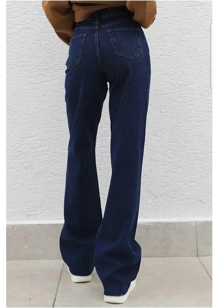 Belinia 1982 Süper Yüksek Bel Salaş Jean Palazzo Lacivert Yıkamalı Likralı Pant. modelleri