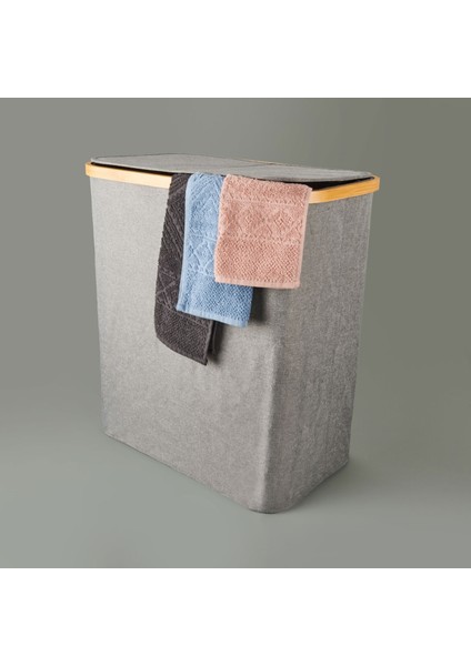 2 Bölmeli Katlanabilir Çamaşır Sepeti - Gri - 110 Lt