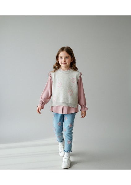 Kalp Desenli Yelekli Üçlü Takım Kız Çocuk