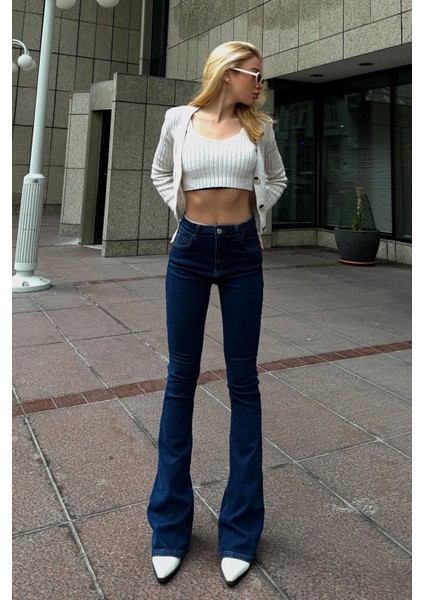 jean Kadınyüksek Bel Lacivert Ispanyolkot Pantolon Likralı Esnek Jeans indirimleri