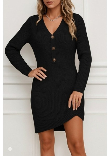 Kadın Uzun Kollu V Yakalı Önden Düğmeli Kısa Triko Elbise modelleri