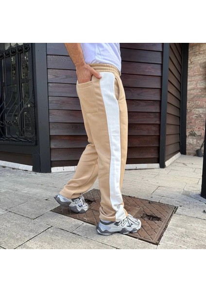 Erkek Üç Iplik Kışlık Pamuklu Yandan Garneli Kalın Şeritli Cepli Eşofman Altı - Bej modelleri