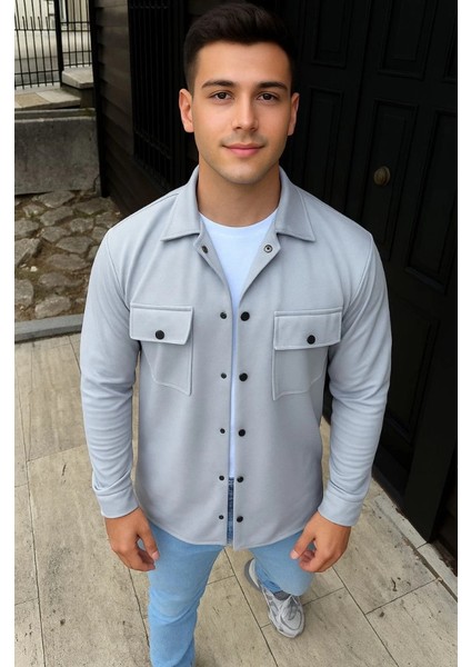 Erkek Diagonal Kumaş Cepli Çıtçıtlı Uzun Kollu, Gömlek Oversize Rahat Kalıp Günlük Şık Stil - Gri
