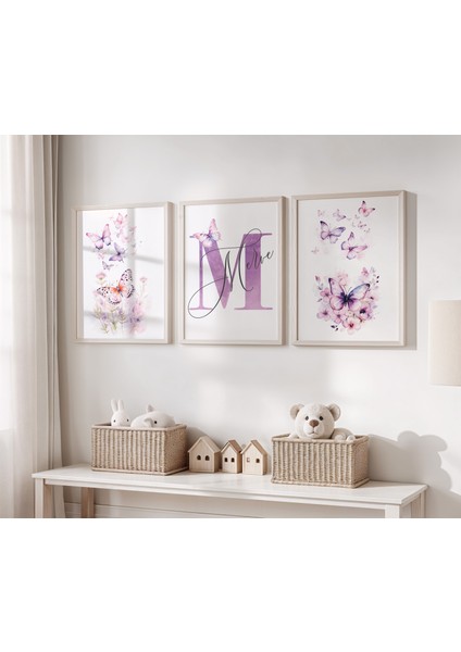 Kelebek ve Çiçek Temalı Kişiye Özel Isimli 3'lü Çocuk Odası Dekoratif Poster Seti - Çerçevesiz
