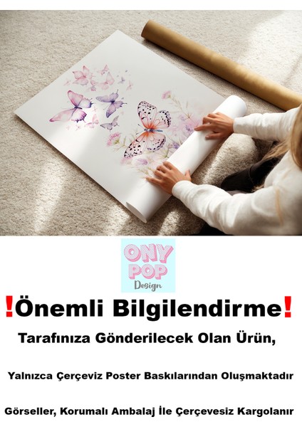 Kelebek ve Çiçek Temalı Kişiye Özel Isimli 3'lü Çocuk Odası Dekoratif Poster Seti - Çerçevesiz