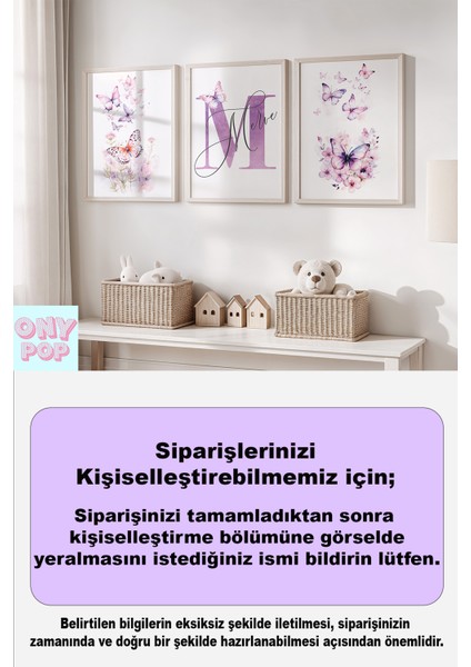 Kelebek ve Çiçek Temalı Kişiye Özel Isimli 3'lü Çocuk Odası Dekoratif Poster Seti - Çerçevesiz