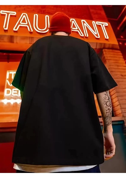 Erkek Büyük Beden Kart Baskılı Düz Renk Kısa Kollu Bisiklet Yaka Tişört Gündelik Giyim - Siyah fiyatları