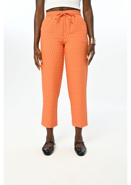 Kadın Rahat Kalıp Beli Lastikli Desenli Turuncu Pantolon