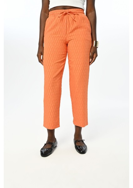 Kadın Rahat Kalıp Beli Lastikli Desenli Turuncu Pantolon modelleri