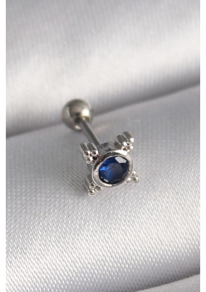 316L Çelik Gümüş Renk Mavi Zirkon Taşlı Tragus Piercing - Lisinya