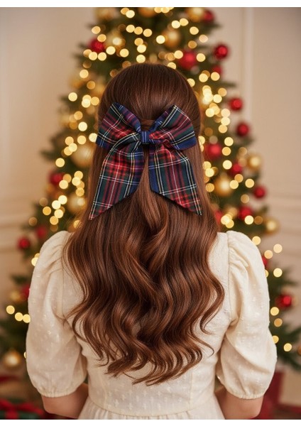 El Yapımı Kırmızı Mavi Ekoseli Model Fiyonk Toka, Kırmızı Yılbaşı Toka, Sevgililer Günü Kadin Toka