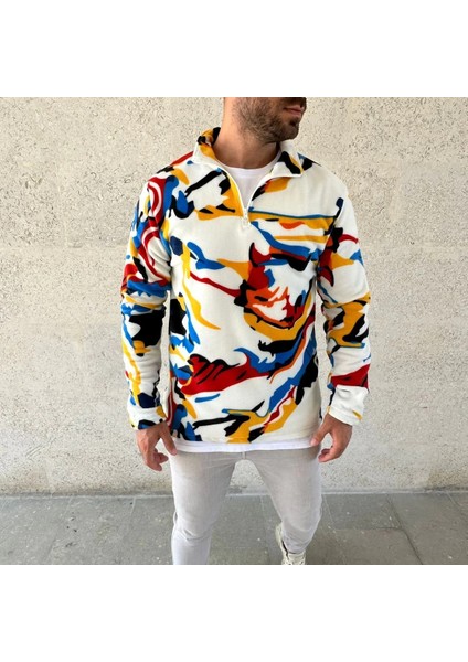 Erkek Yarım Fermuarlı Desenli Polar Sweat – Renkli Abstract Desen Yakalı, Uzun Kollu, Oversize Rahat Kalıp, - Beyaz modelleri