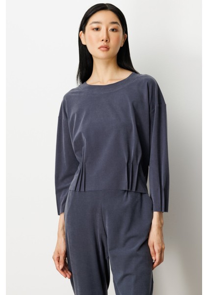 Kadın Pile Detaylı Sıfır Yaka Bluz 64408 Lacivert