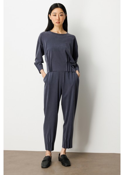 Kadın Pile Detaylı Sıfır Yaka Bluz 64408 Lacivert modelleri