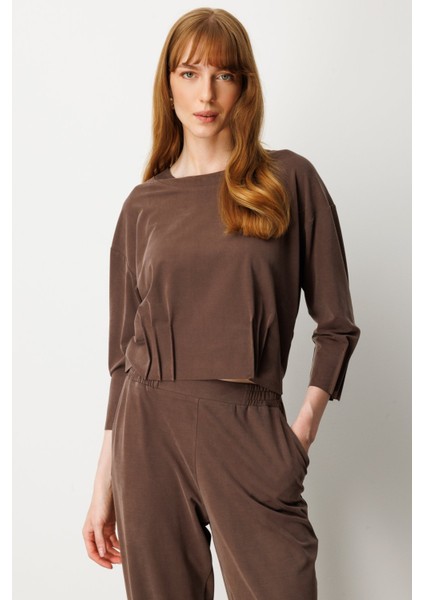 Kadın Pile Detaylı Sıfır Yaka Bluz 64408 Kahverengi