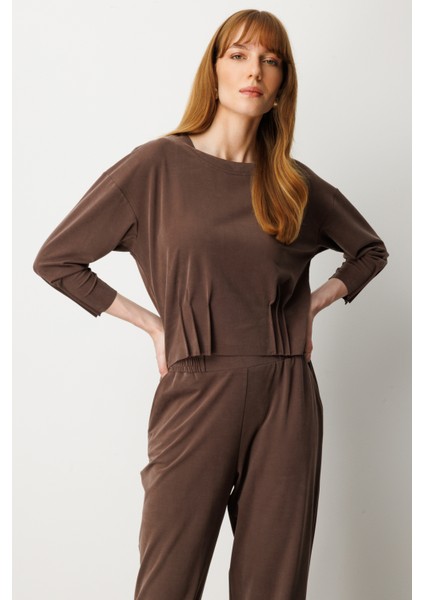 Kadın Pile Detaylı Sıfır Yaka Bluz 64408 Kahverengi fiyatları