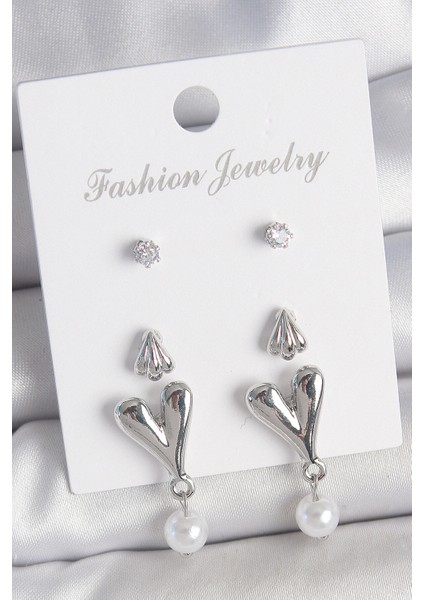 Pirinç Gümüş Renk Zirkon Taşlı Sallantılı Kalp Model 3 Çift Kadın Küpe Seti