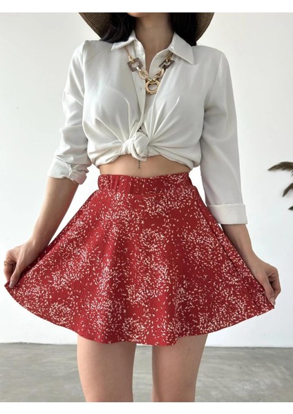 Desenli Krinkıl Şortlu Etek - Ki̇remi̇t