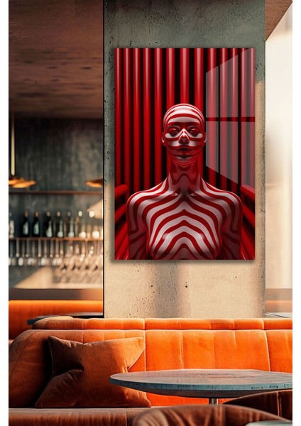 Kırmızı Çizgili Kadın Cam Tablo modelleri