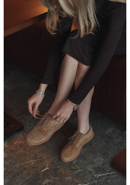 Kadın Deri Oxford Ayakkabı Bağcıklı Günlük Ayakkabı Alyen Taba Süet fiyatları