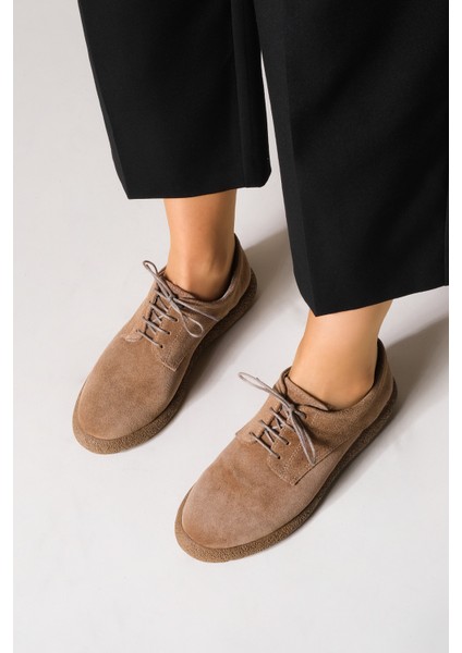 Kadın Deri Oxford Ayakkabı Bağcıklı Günlük Ayakkabı Alyen Taba Süet