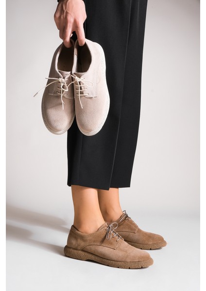 Kadın Deri Oxford Ayakkabı Bağcıklı Günlük Ayakkabı Alyen Taba Süet