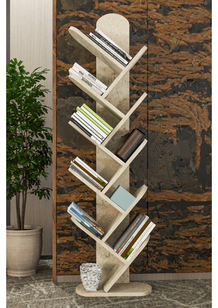 Kitaplık 10 Raflı Dekoratif Bölmeli Ev Ofis Çok Amaçlı Traverten
