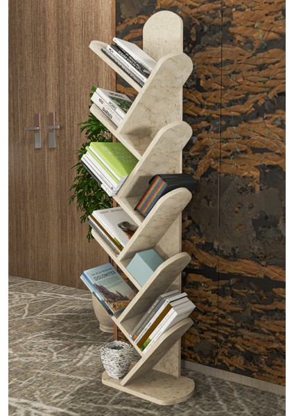 Kitaplık 10 Raflı Dekoratif Bölmeli Ev Ofis Çok Amaçlı Traverten