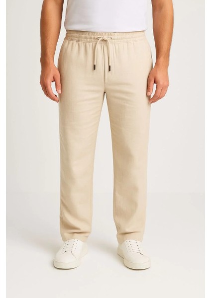 Erkek Keten Pantolon – Cepli, Beli Lastikli ve Bağcıklı, Nefes Alan Rahat Kalıp, Yazlık ve Baharlık Günlük Giyim, Şık & Konforlu Boru Paça Model - Bej modelleri