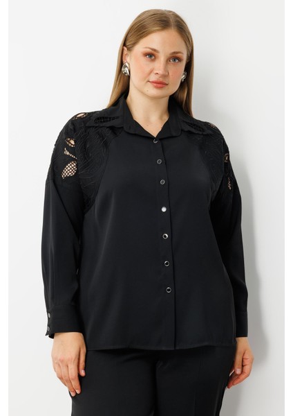 Moda Ilgi Kadın Büyük Beden Nakış Detaylı Oversize Gömlek 0041 Siyah