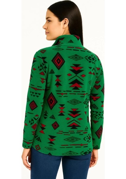 Kadın Yarım Fermuarlı Desenli Polar Sweat Tribal Etnik Desen Yakalı, Uzun Kollu, Oversize Rahat Kalıp - Yeşil fiyatları