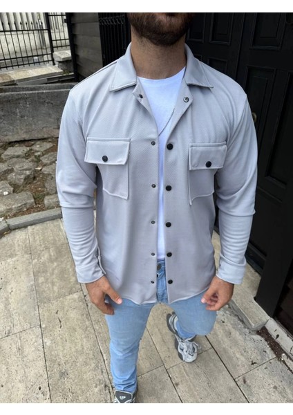 Erkek Diagonal Kumaş Cepli Çıtçıtlı Uzun Kollu, Gömlek Oversize Rahat Kalıp Günlük Şık Stil - Gri fiyatları