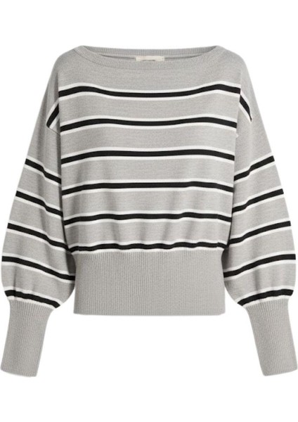 6988 Kadın Asimetrik Rib Kesim Kayık Yaka Triko Kazak Gri
