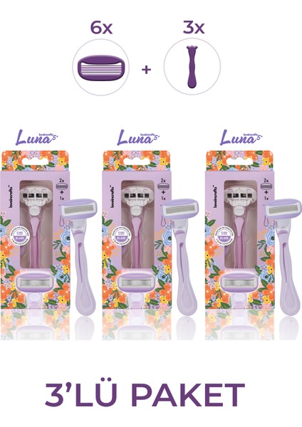 3'lü Paket Luna 5 Bıçaklı Kadın Tıraş Makinesi 2 Yedek Tıraş Bıçağı Başlıklı - Bikini Bölgesi
